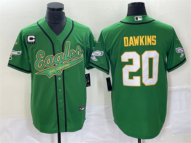 Men's Philadelphia Eagles #20 Brian Dawkins Green Gold With C Patch Cool Base Stitched Baseball Jersey